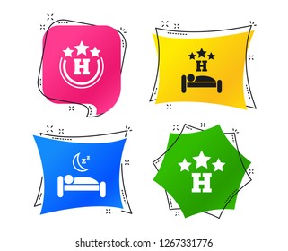 Three stars hotel icons. Travel rest place symbols. Human sleep in bed sign. Geometric colorful tags. Banners with flat icons. Trendy design. Vector