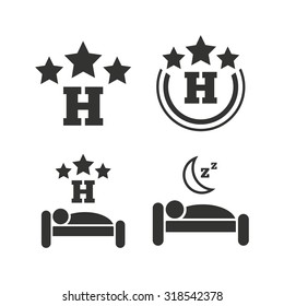 Three stars hotel icons. Travel rest place symbols. Human sleep in bed sign. Flat icons on white. Vector