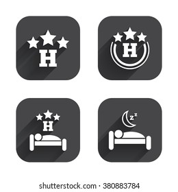 Three stars hotel icons. Travel rest place symbols. Human sleep in bed sign. Square flat buttons with long shadow.