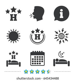 Three stars hotel icons. Travel rest place symbols. Human sleep in bed sign. Information, go to web and calendar icons. Sun and loud speak symbol. Vector
