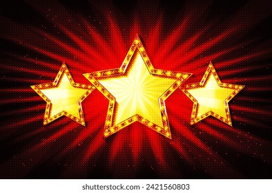Three stars of light bulbs. Elements of decor in the form of stars. Vector illustration