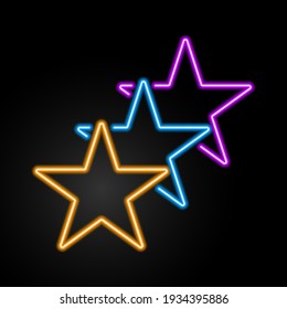 Three stars neon sign, modern glowing banner design, colorful modern design trend on black background. Vector illustration.