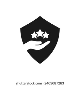 Three stars on hand with shield. Good rating badge flat icon isolated on white background. Vector illustration