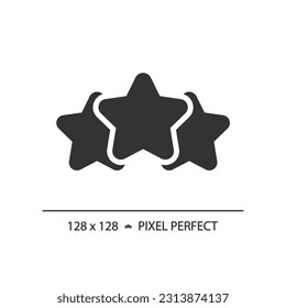 Three stars pixel perfect black glyph icon. Product and service rating. Positive ranking symbol. Customer opinion. Silhouette symbol on white space. Solid pictogram. Vector isolated illustration