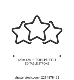 Three stars pixel perfect linear icon. Product and service rating. Positive ranking. Customer opinion performance. Thin line illustration. Contour symbol. Vector outline drawing. Editable stroke