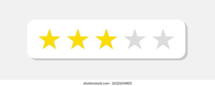 Three stars rate icon. 3 stars customer product rating review flat icon. Customer review with five yellow stars. Service satisfaction, quality, good rate vector illustration
