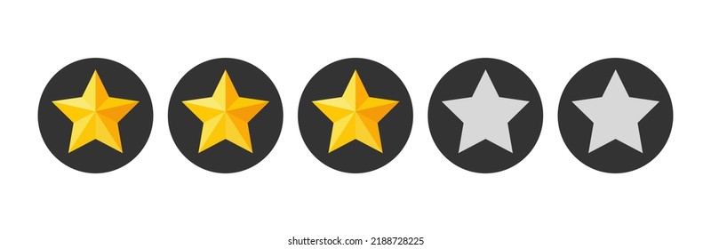Three stars rating button. Yellow rating stars in dark circles backgrounds. Feedback evaluation in vector