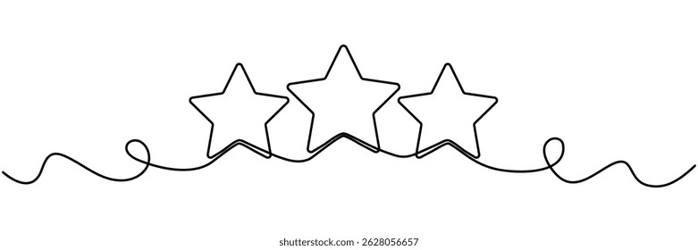 Três estrelas moldam o desenho de linha contínua. Símbolo do prêmio. Conceito de feedback. Ilustração vetorial isolada em branco.
