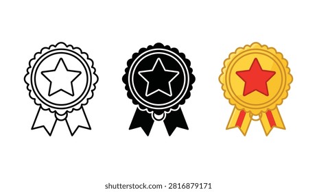 Three starshaped award badges in white outline black fill and gold red colors