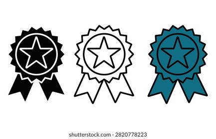 Three starshaped ribbon badges in black white and teal colors on transparent background