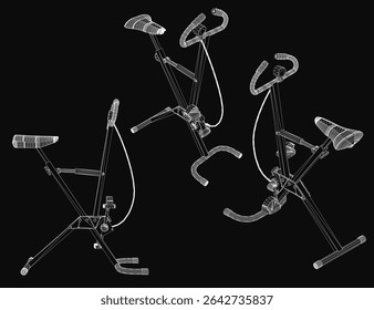 Three stationary exercise bikes in a black and white drawing, arranged in a triangular formation on a solid black background. The tallest bike is centered, flanked by two smaller ones, with curved.