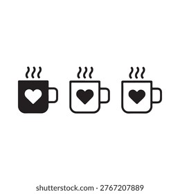 Three steaming mugs with heart designs depicted in a simple minimalist style