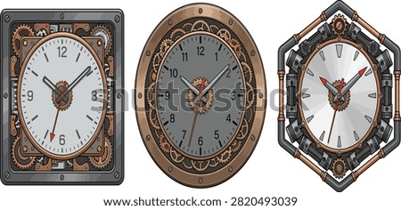 Three steampunk clocks with intricate gears and metallic details