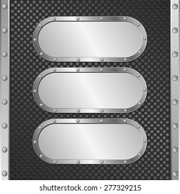 three steel banners on black textured background