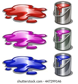 Three steel pail with a bright interior paint isolated on white background. Cartoon vector illustration close-up.