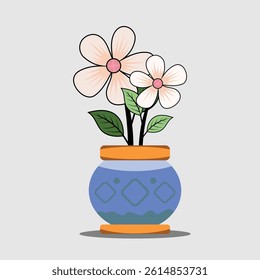 three stems of pink flowers in a vase. with fresh green leaves growing lushly. this illustration is suitable for painting prints and can be used for design elements with a nature and plant theme