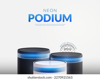Drei-Stufen-Podium auf schwarz-weißer Bühne mit blauem Neonlicht auf weißem Hintergrund, Vektorgrafik