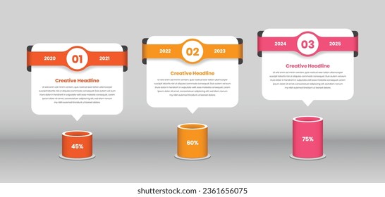 Three step business data presentation infographic template with fold ribbon shape and cylinder