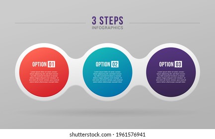 Three step business infographic circles elements template. Circle shape chart with 3 steps number, options