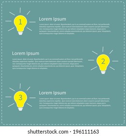 Three step business infographic with yellow white light bulb. Idea concept. Vector illustration.
