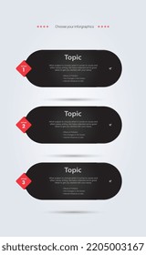 THREE step buttons vector, symbols and levels of work plan button of infographic design, three modern processing steps element, three infographic icons and banners template