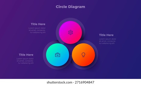 Diagrama de círculo de tres pasos. Plantilla de infografía de gradiente de 3 pasos para presentación, flujo comercial, visualización de procesos y diseño de datos.