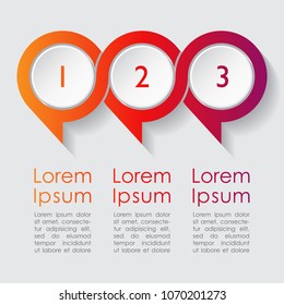 Three step colorful round infographic design with numbers and space for text.