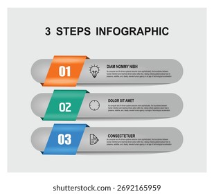 Concepto de Anuncio de infografía de tres pasos. Un diseño infográfico limpio de tres pasos con cintas naranjas, verdes y azules en un Anuncio redondeado gris.