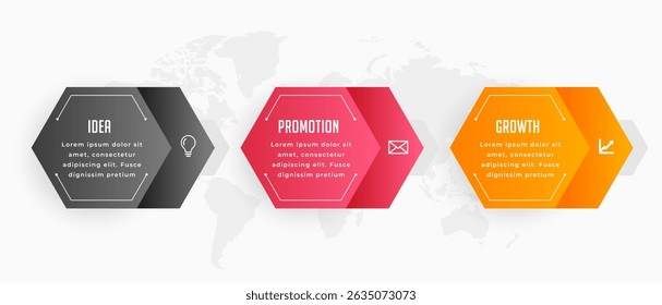 three step infographic business option chart template with world map design vector