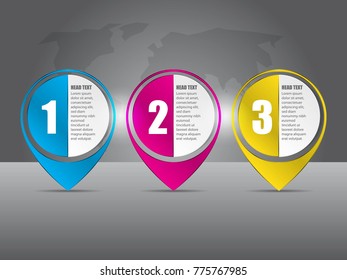 Three step infographic and circle and glass