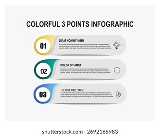 Una infografía de tres pasos con Anuncios redondeados numerados en amarillo, verde y azul. Ideal para negocios, educación y materiales de marketing.