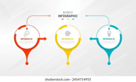 Plantilla de Vector de diseño de etiquetas de infografía de tres pasos con íconos de línea. diagrama de pasos de proceso, presentaciones, diseño de flujo de trabajo, Anuncio, diagrama de flujo, Ilustración vectorial de infografía.