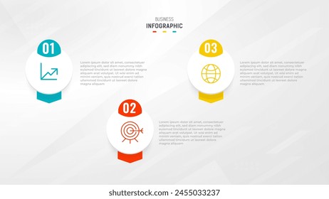 Plantilla de Vector de diseño de etiquetas de infografía de tres pasos con íconos de línea. diagrama de pasos de proceso, presentaciones, diseño de flujo de trabajo, Anuncio, diagrama de flujo, Ilustración vectorial de infografía.