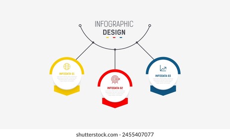 Plantilla de Vector de diseño de etiquetas de infografía de tres pasos con íconos de línea. diagrama de pasos de proceso, presentaciones, diseño de flujo de trabajo, Anuncio, diagrama de flujo, Ilustración vectorial de infografía.