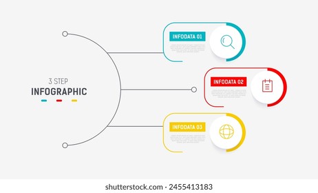 Plantilla de Vector de diseño de etiquetas de infografía de tres pasos con íconos de línea. diagrama de pasos de proceso, presentaciones, diseño de flujo de trabajo, Anuncio, diagrama de flujo, Ilustración vectorial de infografía.