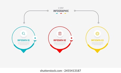 Plantilla de Vector de diseño de etiquetas de infografía de tres pasos con íconos de línea. diagrama de pasos de proceso, presentaciones, diseño de flujo de trabajo, Anuncio, diagrama de flujo, Ilustración vectorial de infografía.