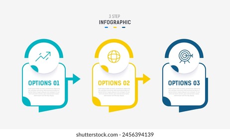 Plantilla de Vector de diseño de etiquetas de infografía de tres pasos con íconos de línea. diagrama de pasos de proceso, presentaciones, diseño de flujo de trabajo, Anuncio, diagrama de flujo, Ilustración vectorial de infografía.