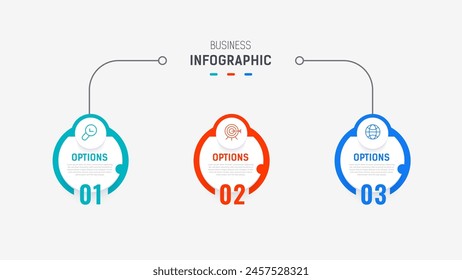 Plantilla de Vector de diseño de etiquetas de infografía de tres pasos con íconos de línea. diagrama de pasos de proceso, presentaciones, diseño de flujo de trabajo, Anuncio, diagrama de flujo, Ilustración vectorial de infografía.
