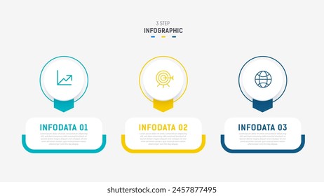Plantilla de Vector de diseño de etiquetas de infografía de tres pasos con íconos de línea. diagrama de pasos de proceso, presentaciones, diseño de flujo de trabajo, Anuncio, diagrama de flujo, Ilustración vectorial de infografía.