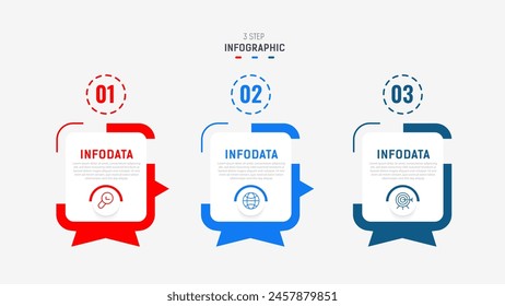 Plantilla de Vector de diseño de etiquetas de infografía de tres pasos con íconos de línea. diagrama de pasos de proceso, presentaciones, diseño de flujo de trabajo, Anuncio, diagrama de flujo, Ilustración vectorial de infografía.