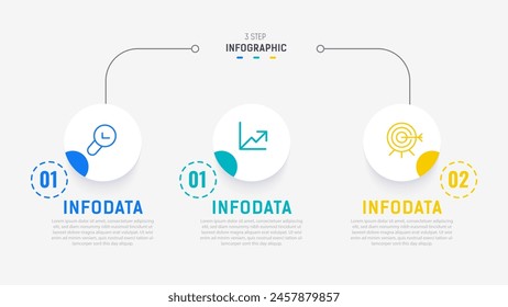 Plantilla de Vector de diseño de etiquetas de infografía de tres pasos con íconos de línea. diagrama de pasos de proceso, presentaciones, diseño de flujo de trabajo, Anuncio, diagrama de flujo, Ilustración vectorial de infografía.