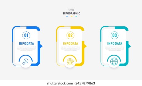 Plantilla de Vector de diseño de etiquetas de infografía de tres pasos con íconos de línea. diagrama de pasos de proceso, presentaciones, diseño de flujo de trabajo, Anuncio, diagrama de flujo, Ilustración vectorial de infografía.