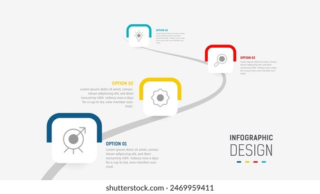 Plantilla de Vector de diseño de etiquetas de infografía de tres pasos con íconos de línea. diagrama de pasos de proceso, presentaciones, diseño de flujo de trabajo, Anuncio, diagrama de flujo, Ilustración vectorial de infografía.