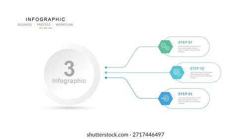 Plantilla de Vector de diseño de etiquetas de infografía de tres pasos con iconos de línea. diagrama de pasos de proceso, presentaciones, flujo de trabajo, diagrama de flujo, sobre fondo blanco.