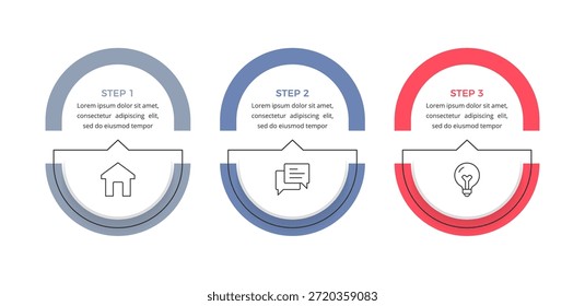 Three step infographic with semi circular colored elements, icons and text blocks, presenting a sequential business or workflow process