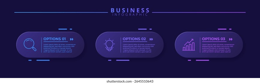 Three step infographic template with icon elements, designed for business and professional use. Ideal for presentations, banners, workflow layouts, process diagrams, flowcharts, and visualizing data