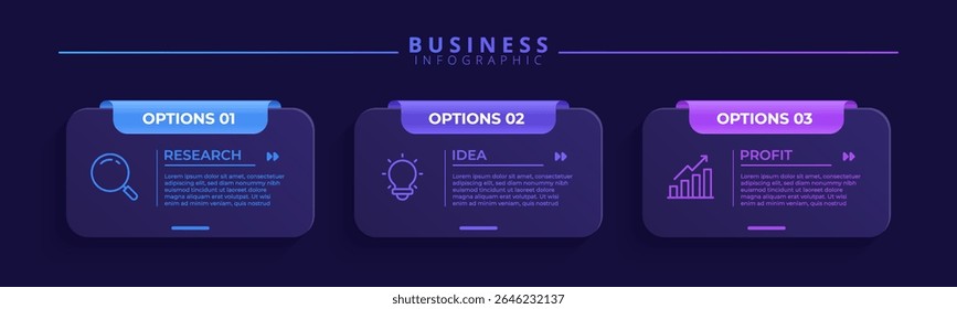 Three step infographic template with icon elements, designed for business and professional use. Ideal for presentations, banners, workflow layouts, process diagrams, flowcharts, and visualizing data
