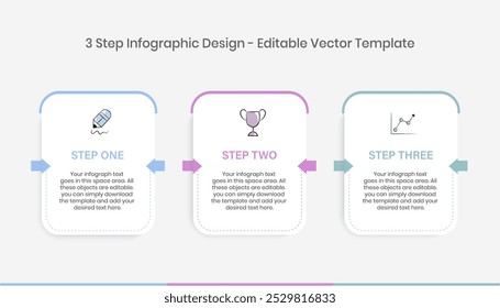 Modelo de design de infográficos de três etapas, diagrama de gráfico, Gráfico, Gráfico de pizza, layout de fluxo de trabalho, diagrama de escudo, relatório, Elementos de design de apresentação editável, Diagrama de processo em fundo branco