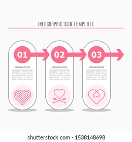 Three step love and romantic infographic. Heart and cupid pictogram icons.
