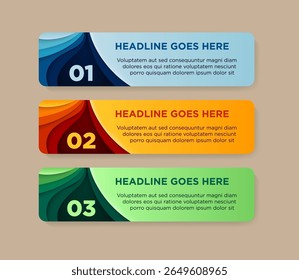 Three Step Paper Cut Infographic design template on horizontal layout. wave shape of paper cutting effect with shadow. three colors variations can be selected. 